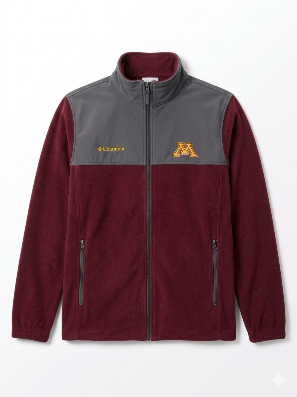 Columbia Men's Maroon and Gray Full-Zip Fleece Jacket with Gold Logo